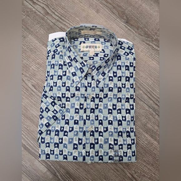 Campia Moda short sleeved button down, blue print  shirt size small - Picture 1 of 2